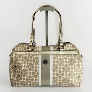 COACH Boston Bag Gold Khaki Signature Pattern Satchel Top Handles Handbag F15132